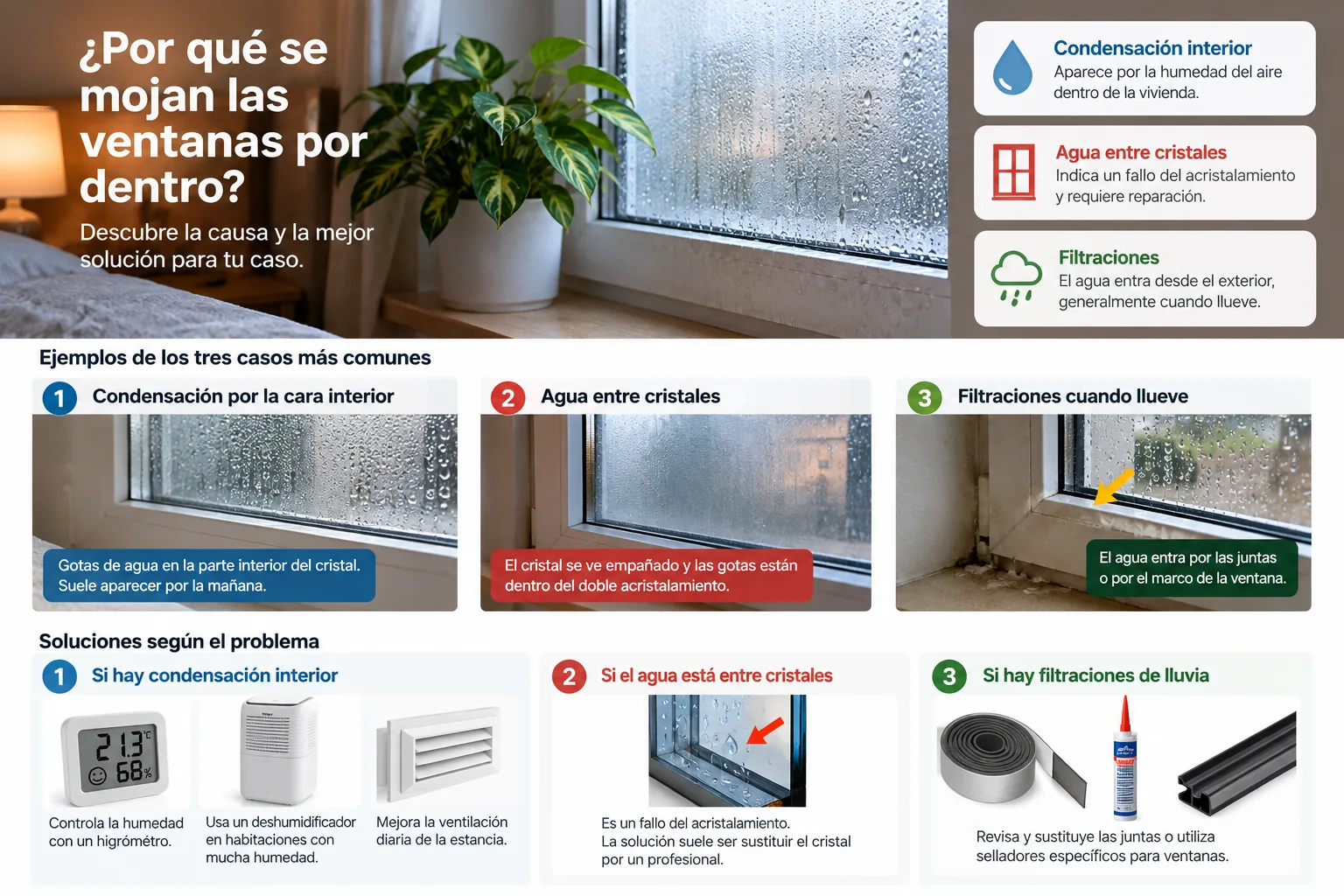 Guía visual para distinguir condensación en el interior de la ventana, humedad entre cristales y filtraciones de lluvia